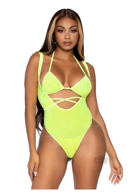 2 Pc. Rhinestone Wrap Around Bikini Top and Suspender Body Suit – One Size – Neon Yellow
