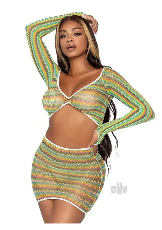 2 Pc Zig Zag Net Crop Top and Mini Dress – One Size – Green