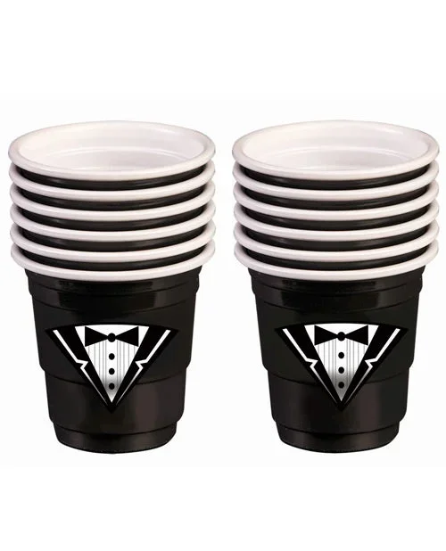 Bachelor Tuxedo Plastic Shot Glasses – Black Set of 12