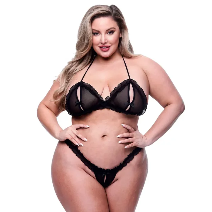 Baci – 2pc Peek-a-boo Bra & Crotchless G-string Set Black