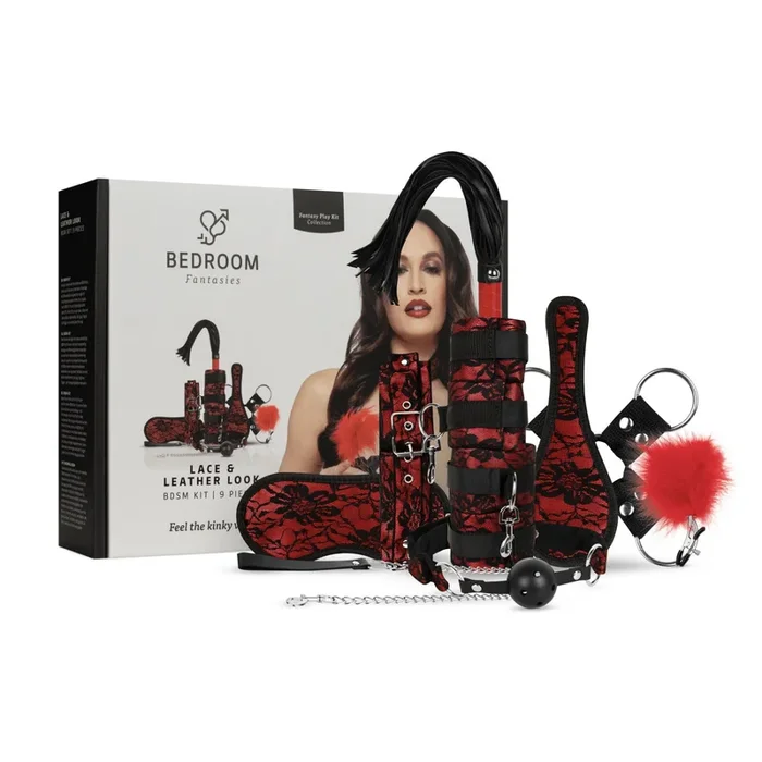 Bedroom Fantasies – Lace & Leather Look – 8 Piece Bondage Set – Red