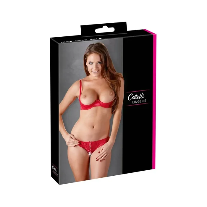 BH-Set – Bügel-Hebe und Riostring ouvert aus Edel-Satin mit Spitze – Rot