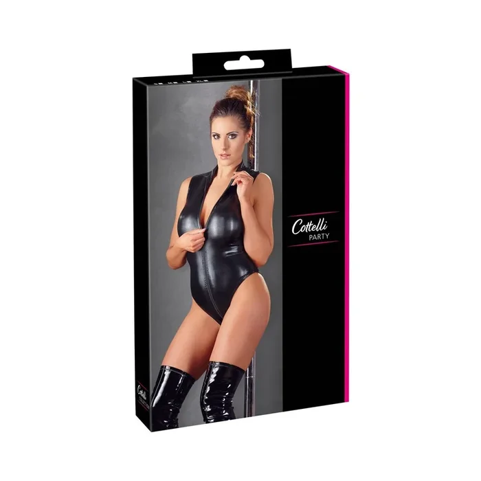 Body aus Wetlook mit Reißverschluss vorne – Schwarz