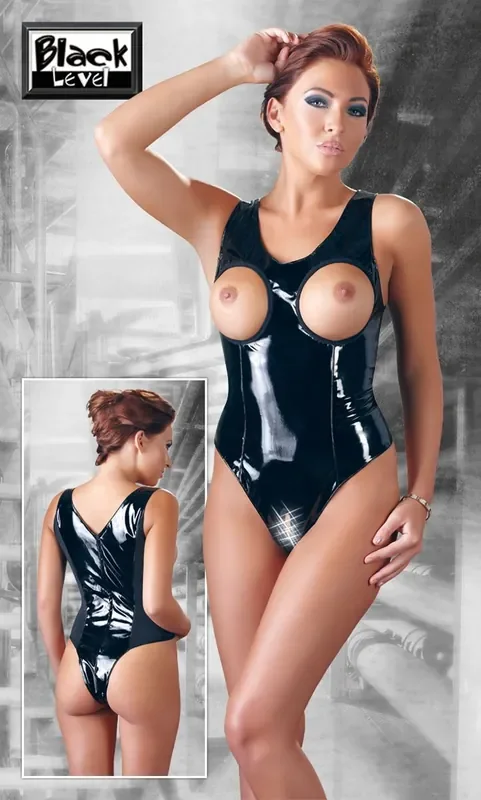 Body mit offenen Cups und offenem Schritt aus Vinyl in Schwarz