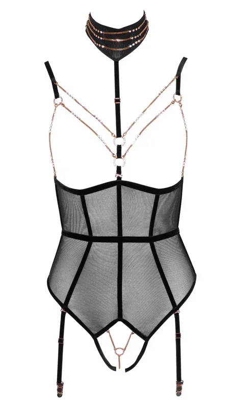 Body ouvert mit Strapsen, Halsband und Strassketten, alles abnehmbar Abierta Fina
