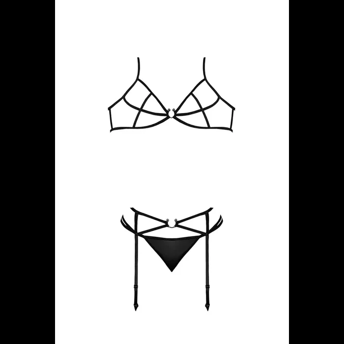 Bra, Garter and G-String Set with Rings and Straps – S/M – Black