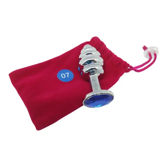 Buttplug in Grau mit Riffeln und blauem Kristall