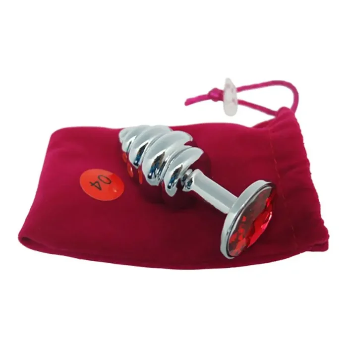 Buttplug in Grau mit Riffeln und rotem Kristall