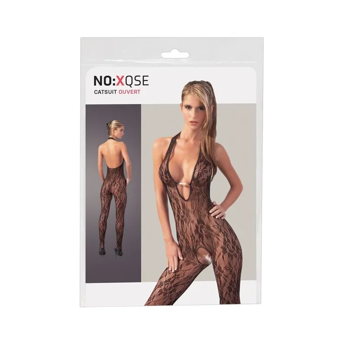 Catsuit aus gemusterten Netz mit Neckholder – Ouvert – Schwarz – Größe L/XL