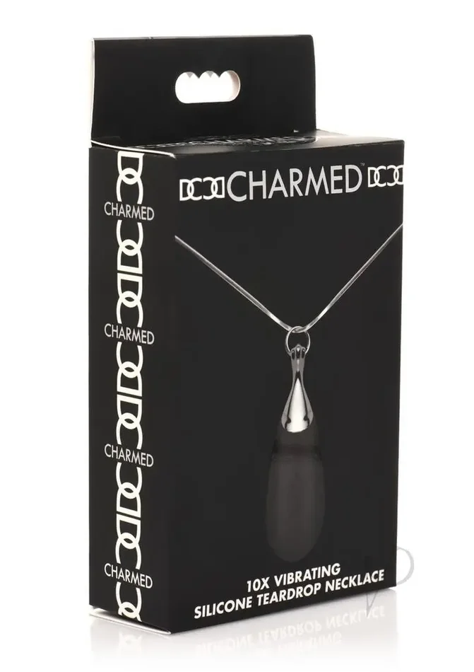 Charmed 10X Vibrating Silicone Teardrop Necklace Rechargeable Stimulator – Black