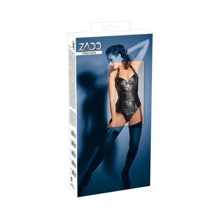 Corsage aus Leder mit Reißverschluss und Schnallen – Schwarz – Größe XL