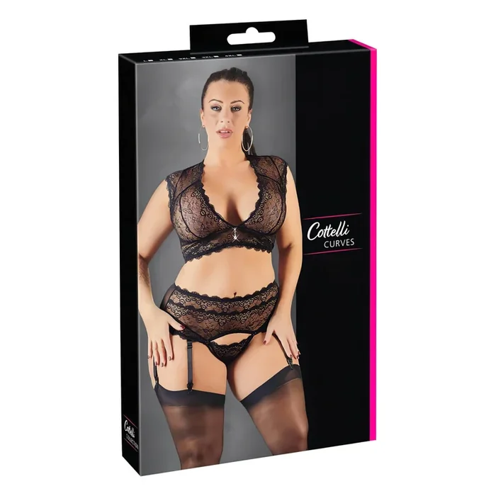 Cottelli Plus Size – Strass, Spitze Dessous-Set (Schwarz) – 2XL