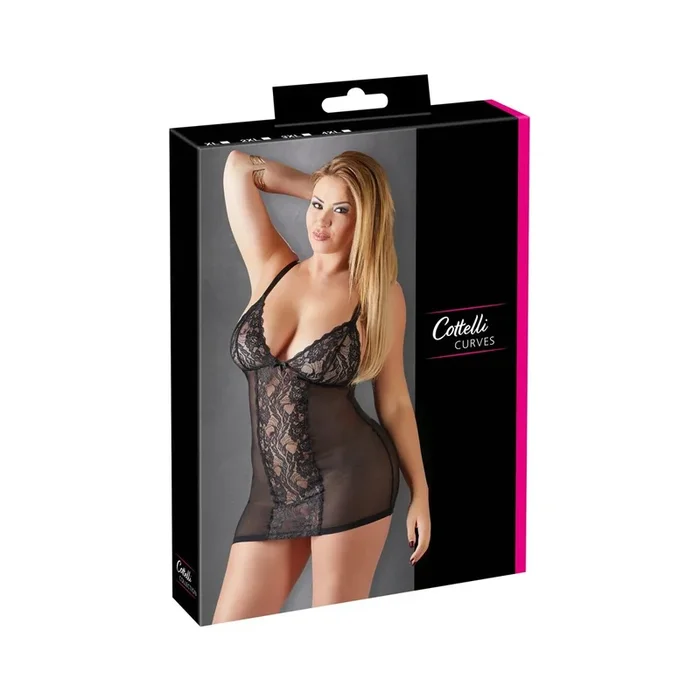 Dessouskleid – Negligé aus Powernet mit Spitze – Schwarz – Größe 4XL