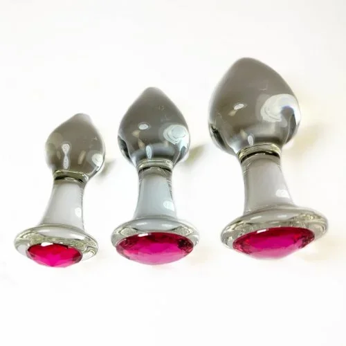 Drei unterschiedlich große Analplugs aus Glas »Pink Dot«