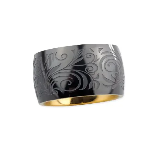 Edelstahlring ‘Floral‘ schwarz-gold