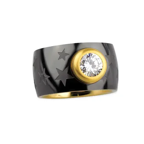 Edelstahlring ‘Sterne‘ mit Zirkonia schwarz-gold