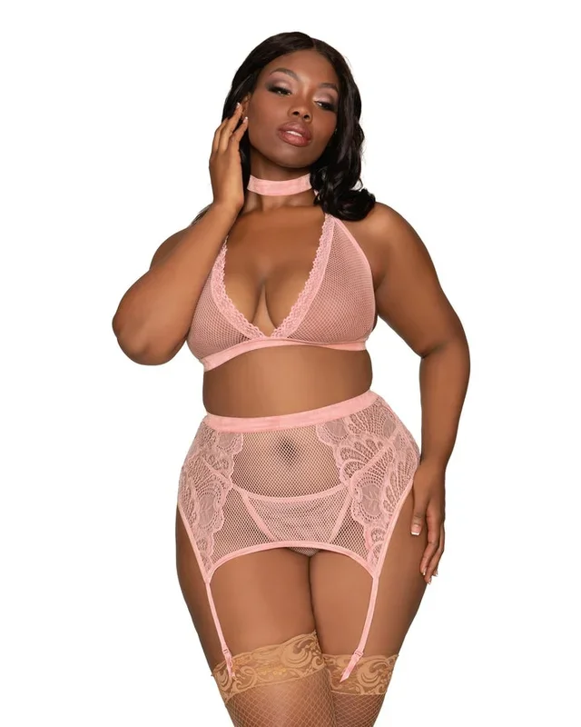 Fishnet & Lace Halter Bralette, Garter Belt, G-String & Choker Rose Pink QN