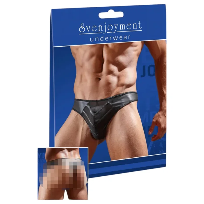 Glänzender Herren-Tanga mit transparentem Einsatz (schwarz) – M
