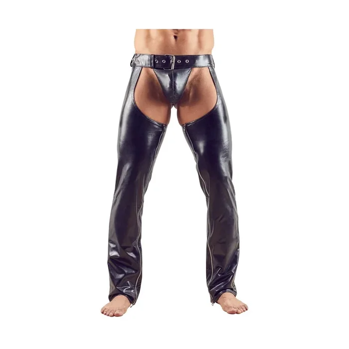 Herren Chaps und String aus Lederimitat – Schwarz – Größe M