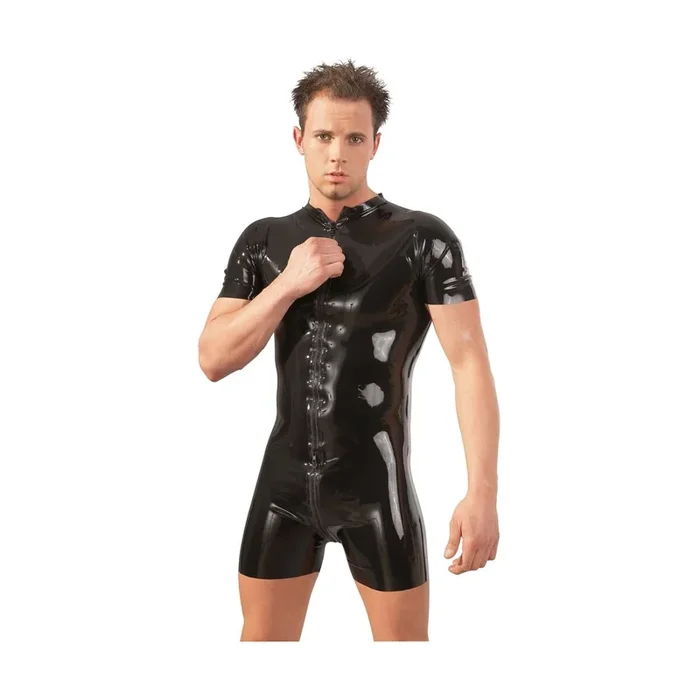Herren Kurzoverall aus Latex mit Reißverschluss – Schwarz