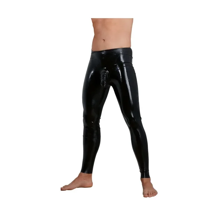 Herren Latex-Leggings mit Penis-Hoden-Hülle – Schwarz – Größe L