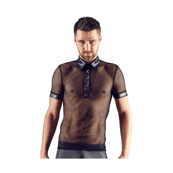 Herren Shirt aus Netz und Wetlook – Mit Polokragen – Schwarz – Größe 2XL