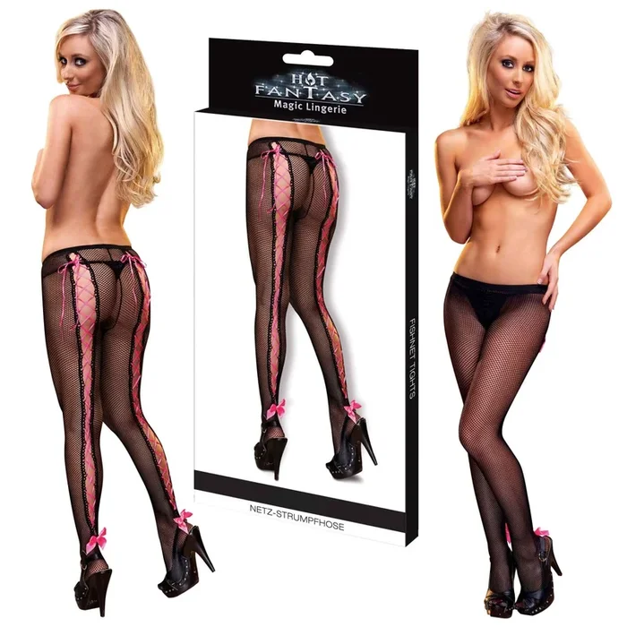 *HOT FANTASY Stockings Netz-Strumpfhose schwarz-pink