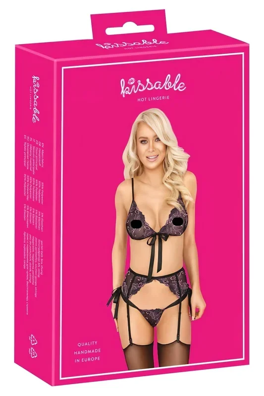 Kissable – pink-lila Stickerei BH-Set (schwarz) – L/XL