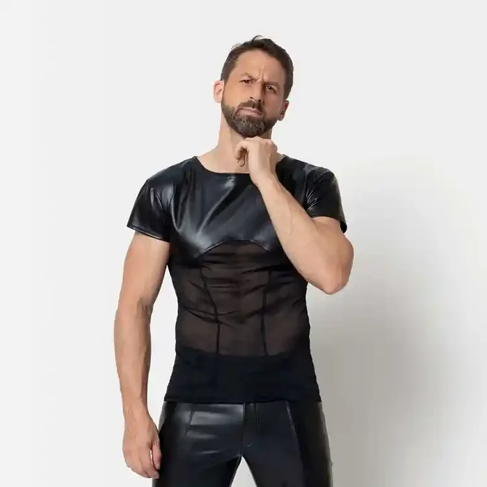 Kunstleder-Shirt mit Mesh