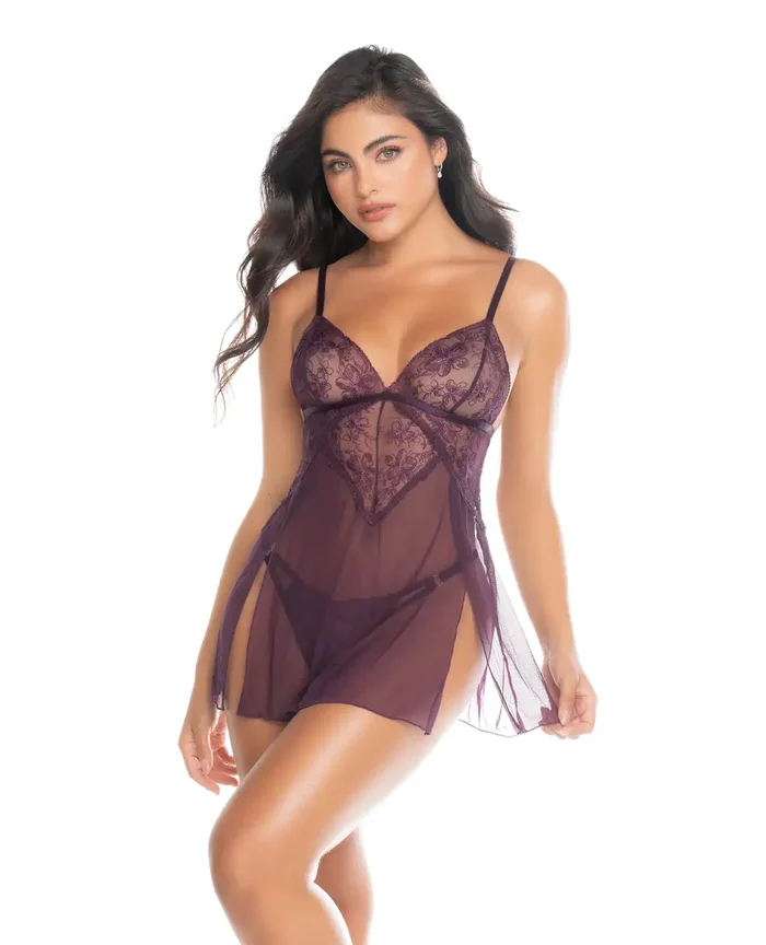 Lace and Mesh Baby Doll w/Thong – Mulberry LG