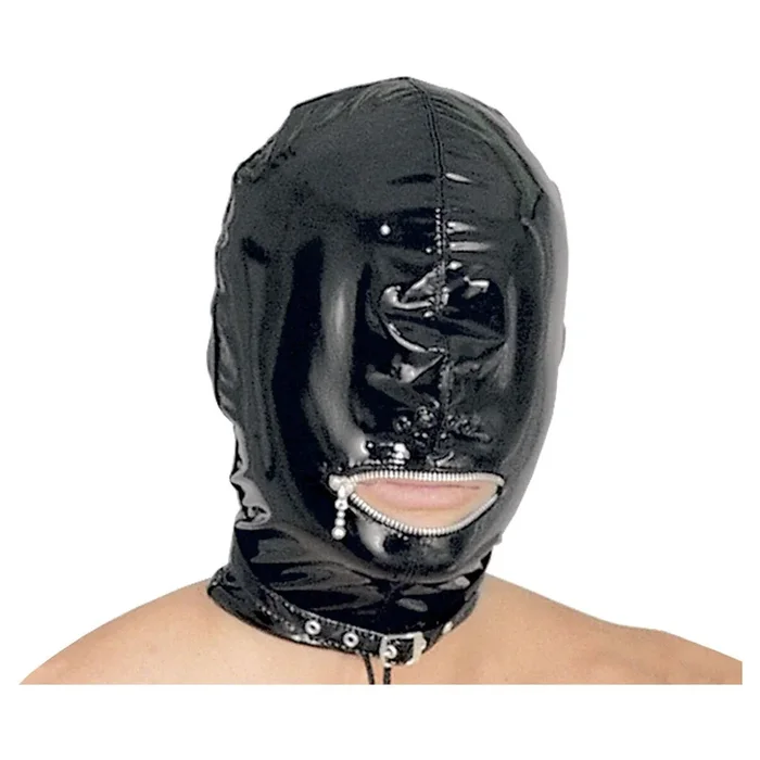 Lack Maske mit Mund-Reißverschluss – Schwarz – Größe L