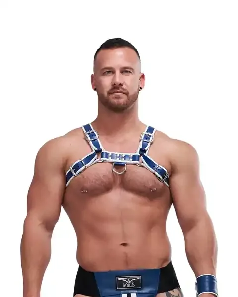 Leder Brustharness ‘Circuit‘ blau/weiß