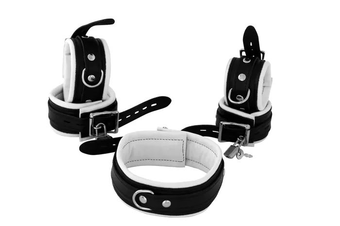 Leder Fesselset abschließbar schwarz/weiß