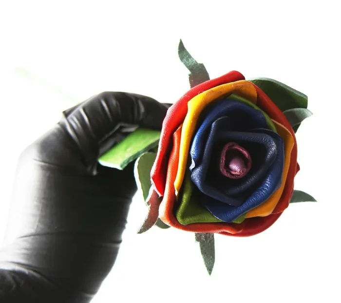 Leder Rose – Regenbogen – grüne Blätter