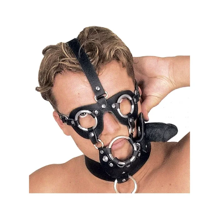 Maske aus Leder mit Dildo aus Latex – Schwarz