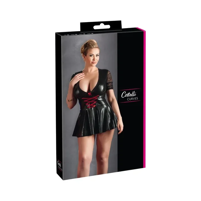Minikleid mit roter Schnürung und Spitze – Schwarz – Größe XL