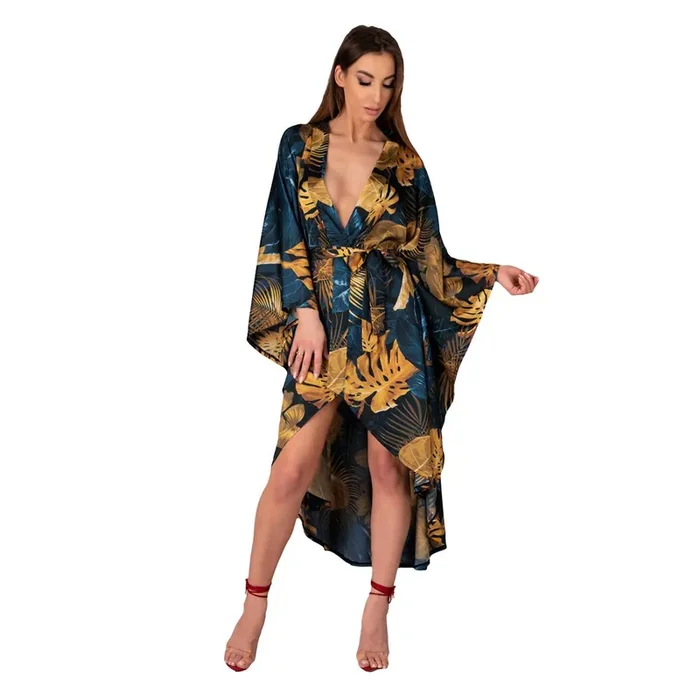 Morgenmantel mit Flora Muster blau/gold