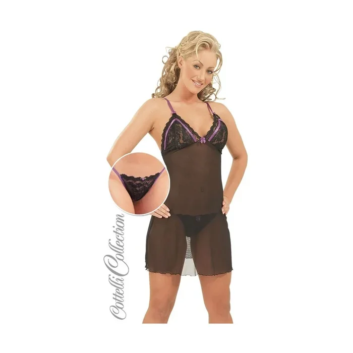 Negligé und String aus Powernet und Spitze – Schwarz/Lila – Größe XL