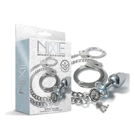 Nixie Metal Butt Plug w/Inlaid Jewel & Cuff Set – Silver Metallic