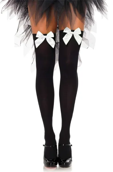 Nylon Overknees mit Schleife Schwarz/Weiß
