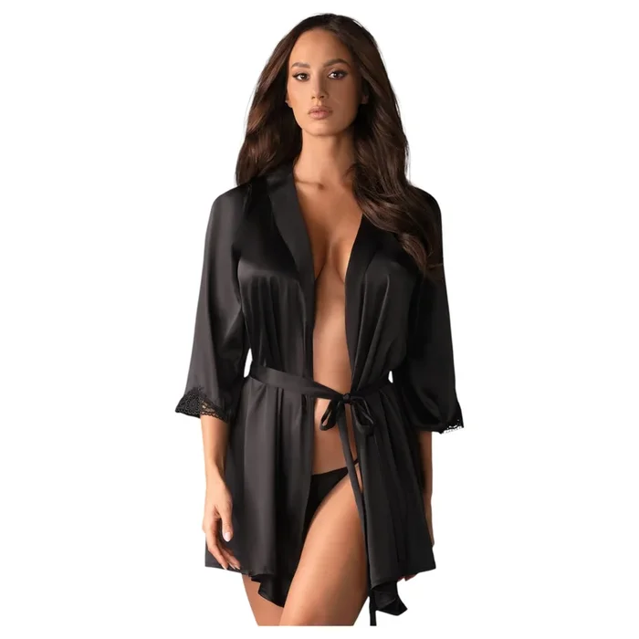 Obsessive Satinia Robe – Satin Morgenmantel Set (Schwarz)