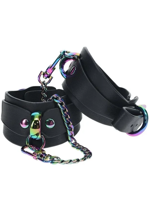 Ouch! Venice Leather Hand Cuffs with Rainbow hardware