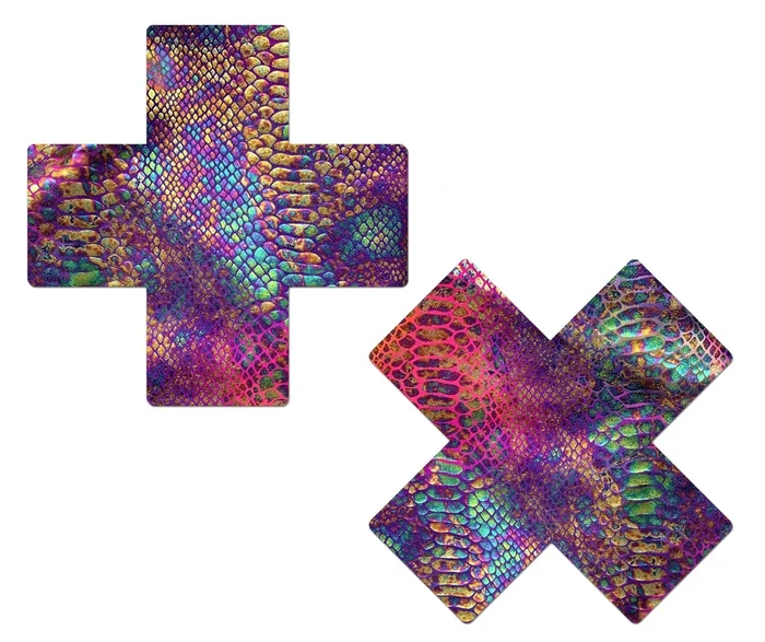 PASTEASE PLUS X NEON RAINBOW TIE DYE SNAKE PRINT CROSS NIPPLE PASTIES