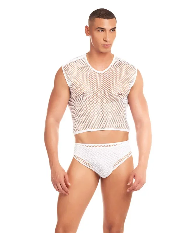 Rainbow Party Net-Flex Large Mesh 3 pc Set w/Thong – White S/M