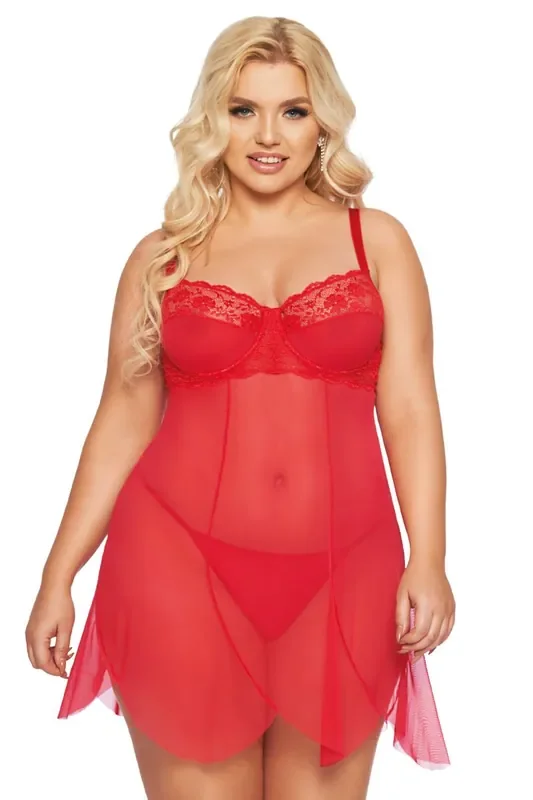 rotes Chemise aus Tüllmaterial mit Spitze und Bügel-Cups