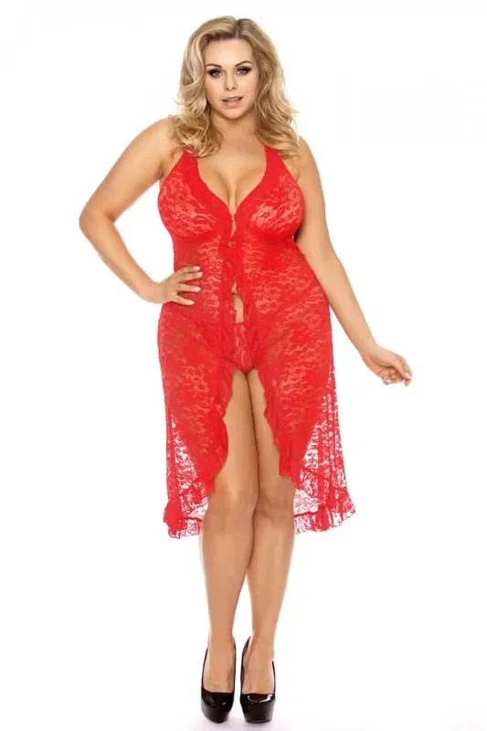 rotes Negligee aus Spitz und transparentem Tüll