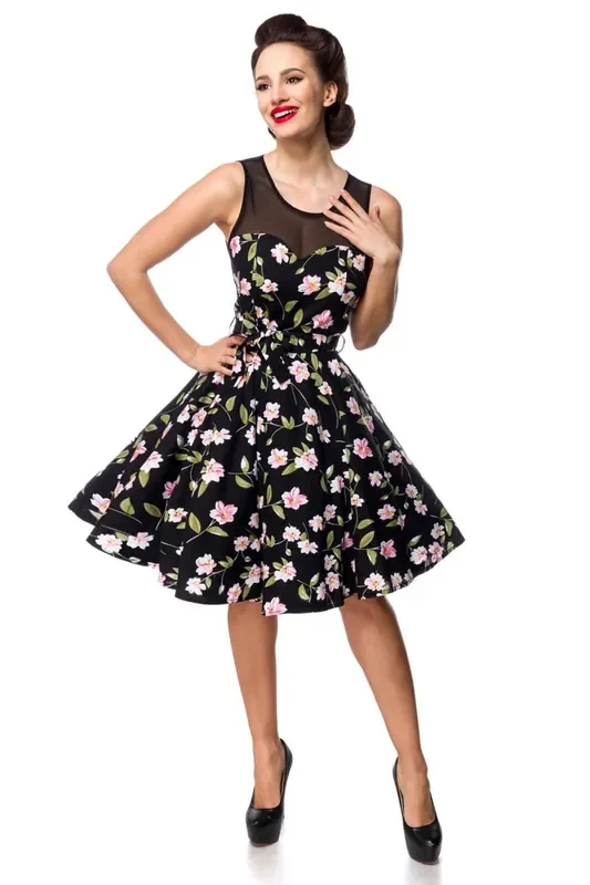 Schulterfreies Swing-Kleid mit Dots – schwarz/rosa