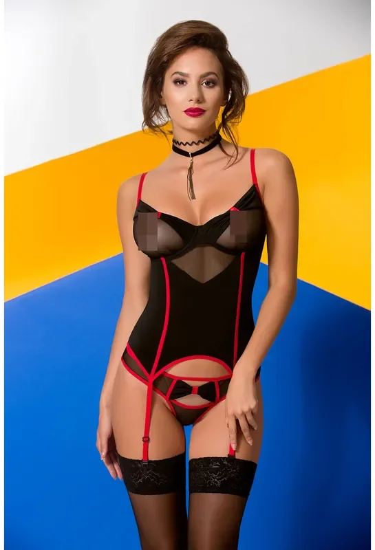 schwarz-rotes Strapshemd mit Schleifen (Grösse L-XL)