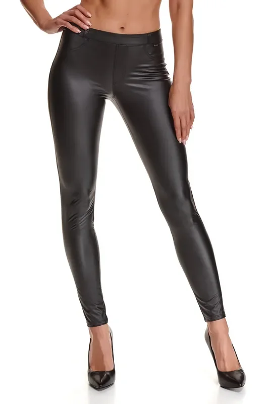 schwarze Leggings in Wetlook-Optik mit Gürtelschlaufen und Taschen