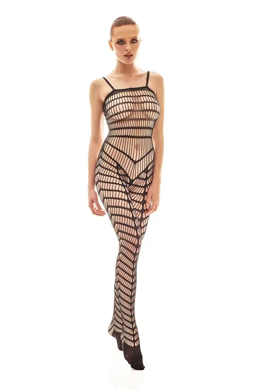 schwarzer Bodystocking aus Netzmaterial mit verstärkten Füßen